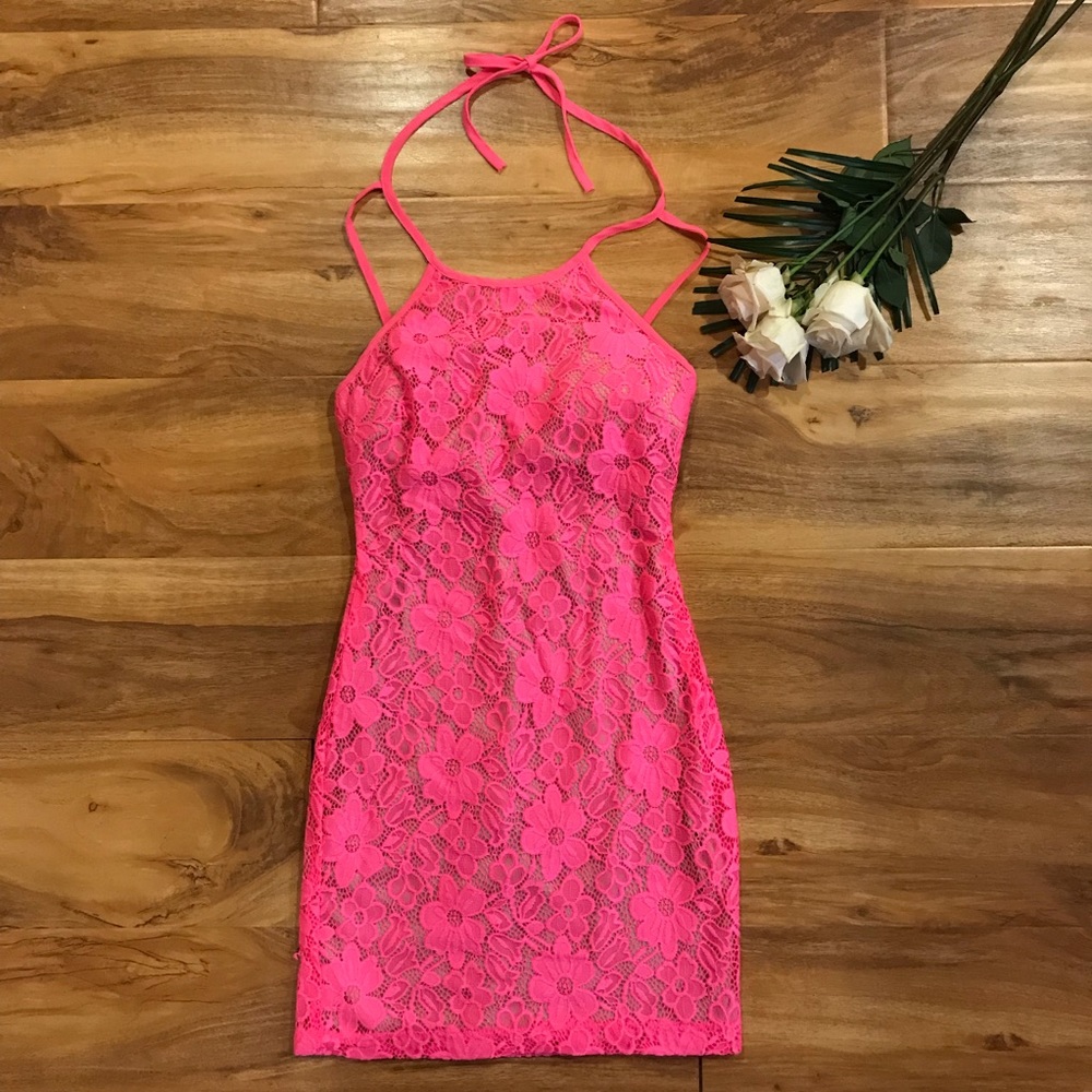 Hot pink lace dress Body Con Halter